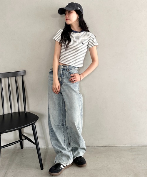 POLOCHAMPS(ポロチャンプス)の「POLOCHAMPS(ポロチャンプス)/短丈 半袖クロップド丈T コンパクトT/ボーダー刺繍Tシャツ(Tシャツ/カットソー・レディース・ブラック×ホワイト/ブラック×グレー/ネイビー/ブラック/ピンク・FREE)」の7枚目の写真