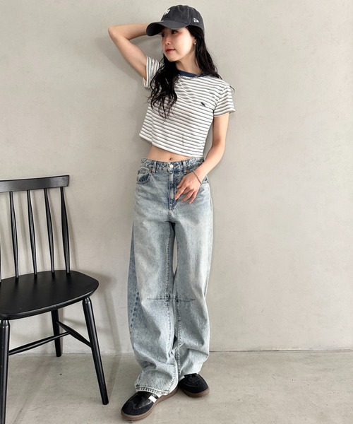 POLOCHAMPS(ポロチャンプス)の「POLOCHAMPS(ポロチャンプス)/短丈 半袖クロップド丈T コンパクトT/ボーダー刺繍Tシャツ(Tシャツ/カットソー・レディース・ブラック×ホワイト/ブラック×グレー/ネイビー/ブラック/ピンク・FREE)」の6枚目の写真