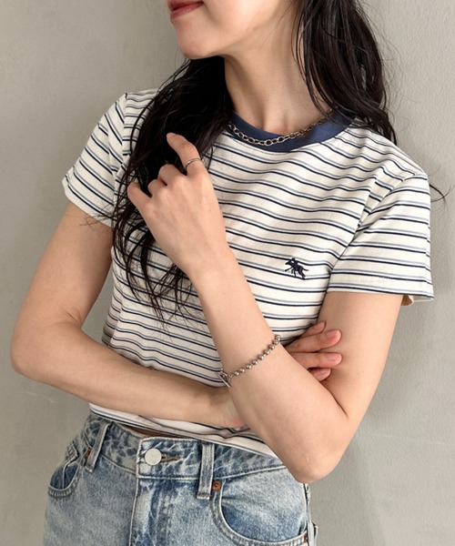POLOCHAMPS(ポロチャンプス)の「POLOCHAMPS(ポロチャンプス)/短丈 半袖クロップド丈T コンパクトT/ボーダー刺繍Tシャツ(Tシャツ/カットソー・レディース・ブラック×ホワイト/ブラック×グレー/ネイビー/ブラック/ピンク・FREE)」の18枚目の写真
