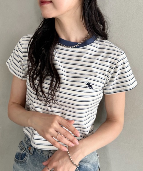 POLOCHAMPS(ポロチャンプス)の「POLOCHAMPS(ポロチャンプス)/短丈 半袖クロップド丈T コンパクトT/ボーダー刺繍Tシャツ(Tシャツ/カットソー・レディース・ブラック×ホワイト/ブラック×グレー/ネイビー/ブラック/ピンク・FREE)」の17枚目の写真