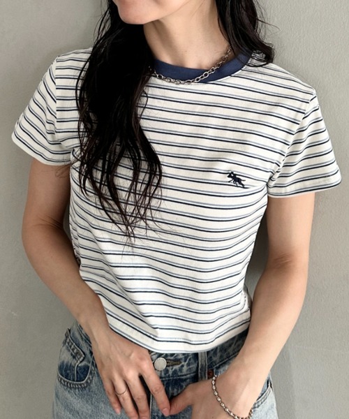 POLOCHAMPS(ポロチャンプス)の「POLOCHAMPS(ポロチャンプス)/短丈 半袖クロップド丈T コンパクトT/ボーダー刺繍Tシャツ(Tシャツ/カットソー・レディース・ブラック×ホワイト/ブラック×グレー/ネイビー/ブラック/ピンク・FREE)」の19枚目の写真