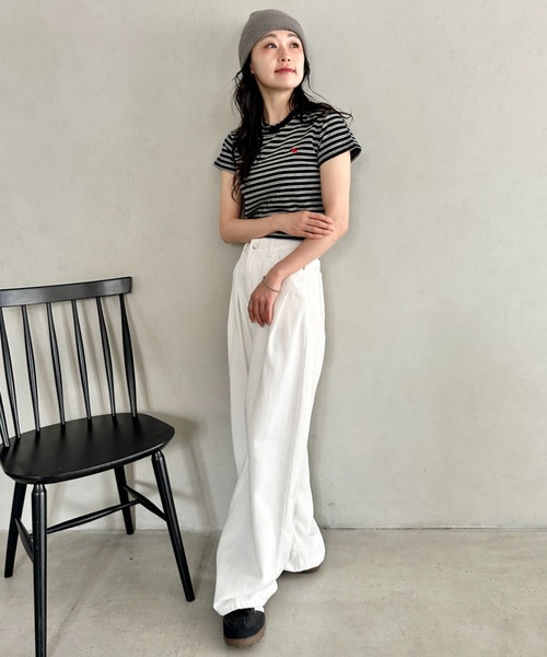 POLOCHAMPS(ポロチャンプス)の「POLOCHAMPS(ポロチャンプス)/短丈 半袖クロップド丈T コンパクトT/ボーダー刺繍Tシャツ(Tシャツ/カットソー・レディース・ブラック×ホワイト/ブラック×グレー/ネイビー/ブラック/ピンク・FREE)」の9枚目の写真