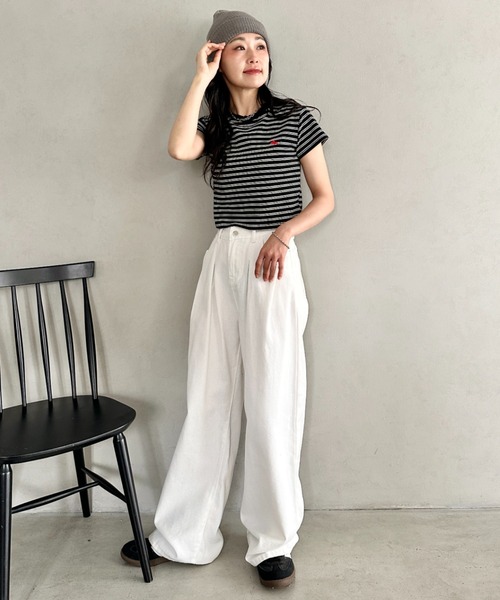 POLOCHAMPS(ポロチャンプス)の「POLOCHAMPS(ポロチャンプス)/短丈 半袖クロップド丈T コンパクトT/ボーダー刺繍Tシャツ(Tシャツ/カットソー・レディース・ブラック×ホワイト/ブラック×グレー/ネイビー/ブラック/ピンク・FREE)」の8枚目の写真