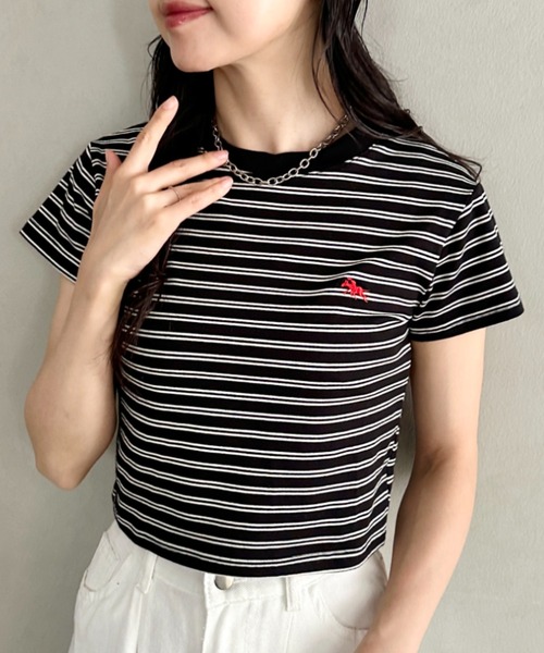 POLOCHAMPS(ポロチャンプス)の「POLOCHAMPS(ポロチャンプス)/短丈 半袖クロップド丈T コンパクトT/ボーダー刺繍Tシャツ(Tシャツ/カットソー・レディース・ブラック×ホワイト/ブラック×グレー/ネイビー/ブラック/ピンク・FREE)」の15枚目の写真
