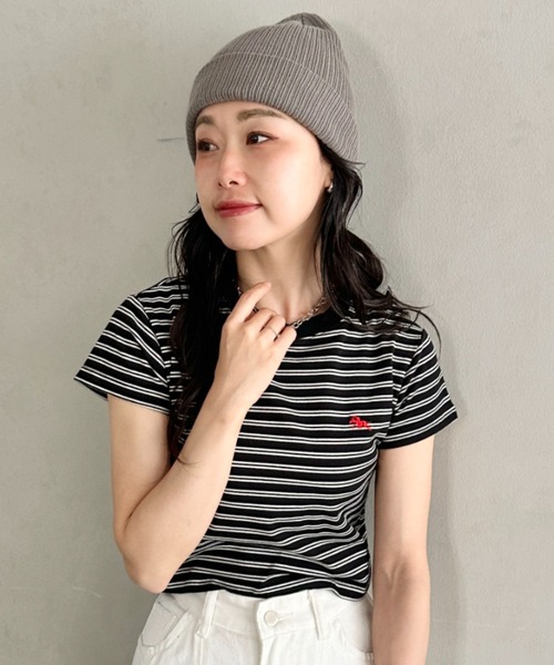 POLOCHAMPS(ポロチャンプス)の「POLOCHAMPS(ポロチャンプス)/短丈 半袖クロップド丈T コンパクトT/ボーダー刺繍Tシャツ(Tシャツ/カットソー・レディース・ブラック×ホワイト/ブラック×グレー/ネイビー/ブラック/ピンク・FREE)」の11枚目の写真