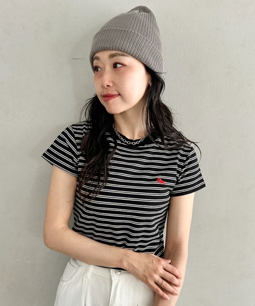 POLOCHAMPS(ポロチャンプス)の「POLOCHAMPS(ポロチャンプス)/短丈 半袖クロップド丈T コンパクトT/ボーダー刺繍Tシャツ(Tシャツ/カットソー・レディース・ブラック×ホワイト/ブラック×グレー/ネイビー/ブラック/ピンク・FREE)」の10枚目の写真