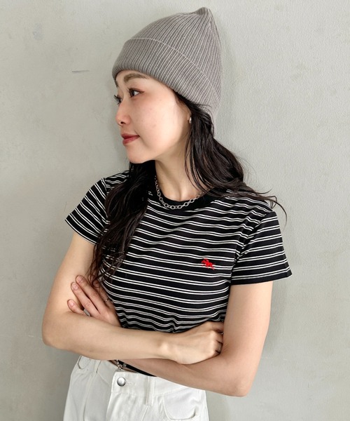 POLOCHAMPS(ポロチャンプス)の「POLOCHAMPS(ポロチャンプス)/短丈 半袖クロップド丈T コンパクトT/ボーダー刺繍Tシャツ(Tシャツ/カットソー・レディース・ブラック×ホワイト/ブラック×グレー/ネイビー/ブラック/ピンク・FREE)」の12枚目の写真