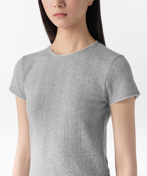 MUSINSA STANDARD WOMAN（ムシンサスタンダードウーマン）の「ウィメンズ ポインテール レース クルーネック Tシャツ [メランジグレー]（Tシャツ/カットソー・レディース・その他・X-SMALL/SMALL/MEDIUM/LARGE/X-LARGE）」の3枚目の写真