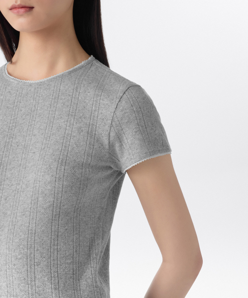 MUSINSA STANDARD WOMAN（ムシンサスタンダードウーマン）の「ウィメンズ ポインテール レース クルーネック Tシャツ [メランジグレー]（Tシャツ/カットソー・レディース・その他・X-SMALL/SMALL/MEDIUM/LARGE/X-LARGE）」の4枚目の写真