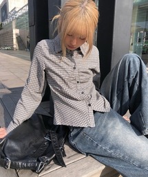 前立てギャザースリムチェックシャツ