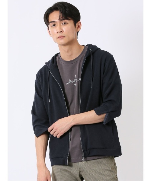 TAKA-Q（タカキュー）の「【ストレッチ 半端袖 カットアウター】タカキュー ワッフル ジャガード フルジップ 7分袖 パーカー（パーカー・メンズ・ライトグレー/ネイビー・X-LARGE/LARGE/MEDIUM）」の2枚目の写真
