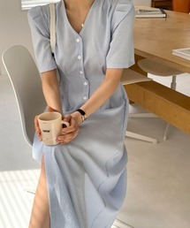 Vネック 半袖 パフスリーブ ウエストシェイプ 前ボタン チェック柄 ワンピース