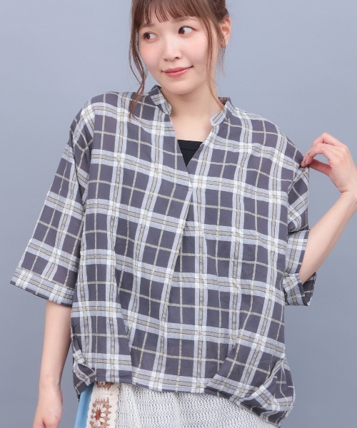 チチカカ(チチカカ)の「ぽこぽこシアーチェックスキッパーシャツ(シャツ/ブラウス・レディース・ブラック/オレンジ/その他1・FREE)」の3枚目の写真