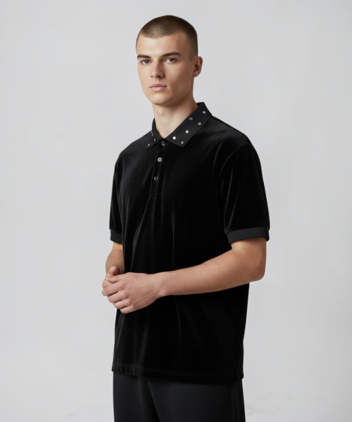 BORN SLIPPY（ボーンスリッピー）の「Crystal Stud Edge Polo (Black)（ポロシャツ・メンズ・その他・FREE）」の3枚目の写真