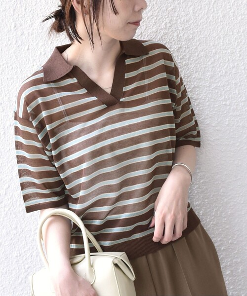 SHIPS Colors:〈手洗い可能〉シアー ボーダー スキッパー ニット 