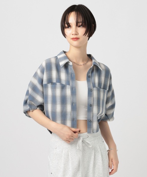 BAYFLOW(ベイフロー)の「パナマチェックショートシャツ(シャツ/ブラウス・レディース・ブルー/チャコール・FREE)」の1枚目の写真