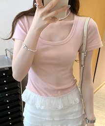 裾レースUネックTシャツ