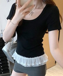 裾レースUネックTシャツ