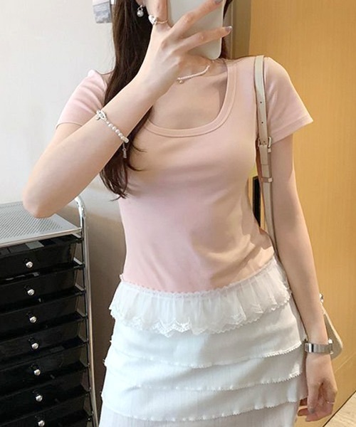 REMUR（レミュール）の「裾レースUネックTシャツ（Tシャツ/カットソー・レディース・ブラック/オフホワイト/ピンク・FREE）」の22枚目の写真