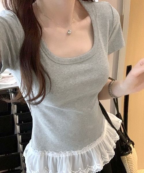 REMUR（レミュール）の「裾レースUネックTシャツ（Tシャツ/カットソー・レディース・ブラック/オフホワイト/ピンク・FREE）」の14枚目の写真