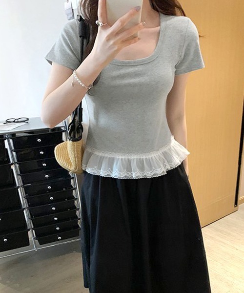 REMUR（レミュール）の「裾レースUネックTシャツ（Tシャツ/カットソー・レディース・ブラック/オフホワイト/ピンク・FREE）」の16枚目の写真