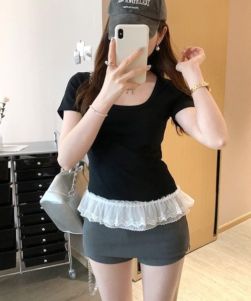 REMUR（レミュール）の「裾レースUネックTシャツ（Tシャツ/カットソー・レディース・ブラック/オフホワイト/ピンク・FREE）」の11枚目の写真