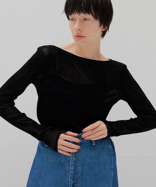 DRESSLAVE(ドレスレイブ)の「nylon tulle flocky boatneck pull(ナイロンチュールフロッキーボートネックプルオーバー)(Tシャツ/カットソー・レディース・ネイビー/ブラック・38)」の1枚目の写真