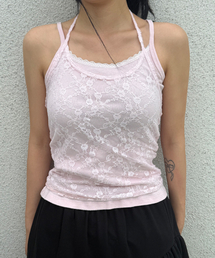 レースホルターネックスリーブレスピンク