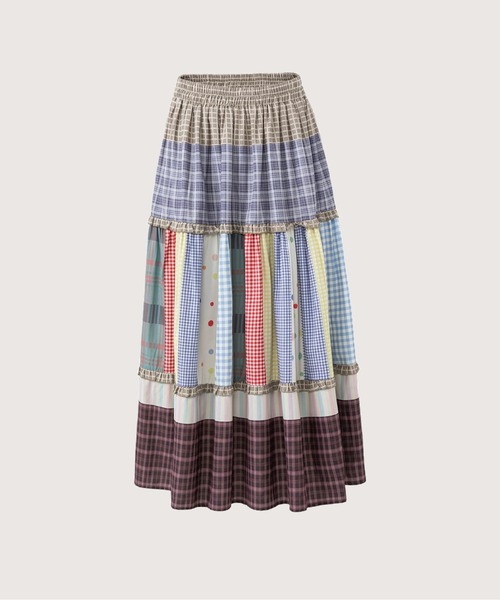 les fees love filles(レフェラブフィユ)の「Patchwork Gingham Tiered Long Skirt(スカート・レディース・カラフル・SMALL/LARGE/MEDIUM)」の1枚目の写真