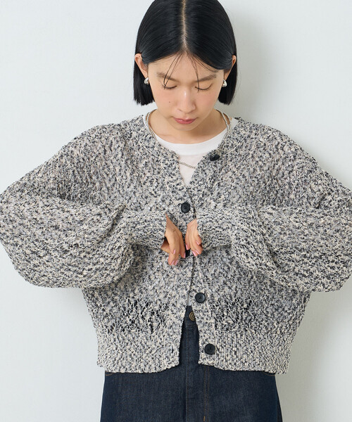 FREAK'S STORE(フリークスストア)の「透かし編みメランジニットカーディガン/ショートニットカーディガン(カーディガン/ボレロ・レディース・ブラック/ベージュ/レッド・フリ-)」の4枚目の写真