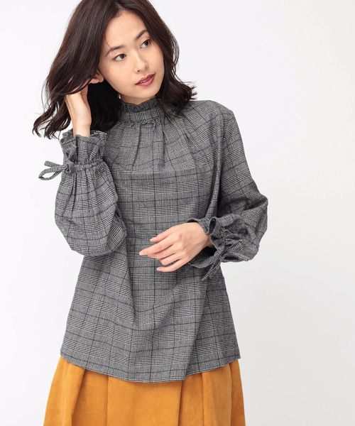 koe（コエ）の「0 グレンチェック スタンドカラーブラウス（シャツ/ブラウス・レディース・グレー/ブラウン・M）」の2枚目の写真