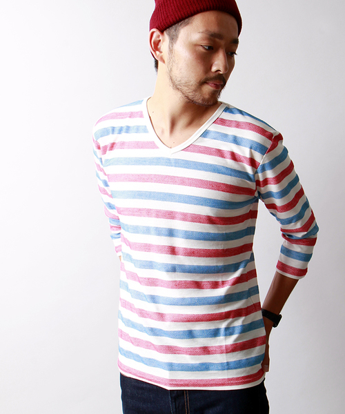 WEGO(ウィゴー)の「WEGO/ヘリンボーンボーダーTシャツ(Tシャツ/カットソー・メンズ・ダークグリーン/ブルー/マスタード/トリコロール・LARGE/MEDIUM)」の4枚目の写真