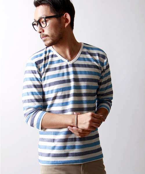 WEGO(ウィゴー)の「WEGO/ヘリンボーンボーダーTシャツ(Tシャツ/カットソー・メンズ・ダークグリーン/ブルー/マスタード/トリコロール・LARGE/MEDIUM)」の3枚目の写真