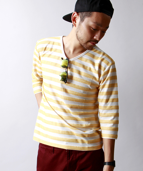 WEGO(ウィゴー)の「WEGO/ヘリンボーンボーダーTシャツ(Tシャツ/カットソー・メンズ・ダークグリーン/ブルー/マスタード/トリコロール・LARGE/MEDIUM)」の1枚目の写真