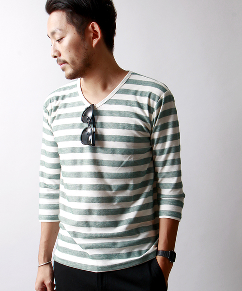 WEGO(ウィゴー)の「WEGO/ヘリンボーンボーダーTシャツ(Tシャツ/カットソー・メンズ・ダークグリーン/ブルー/マスタード/トリコロール・LARGE/MEDIUM)」の2枚目の写真