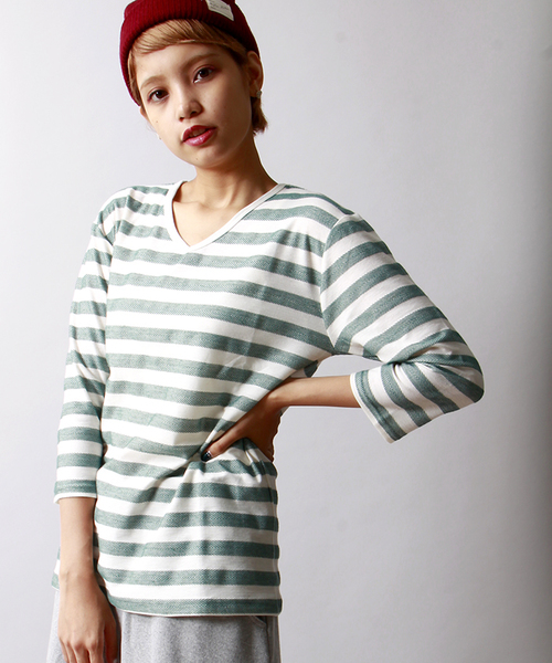 WEGO(ウィゴー)の「WEGO/ヘリンボーンボーダーTシャツ(Tシャツ/カットソー・メンズ・ダークグリーン/ブルー/マスタード/トリコロール・LARGE/MEDIUM)」の12枚目の写真