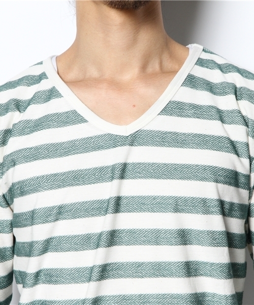 WEGO(ウィゴー)の「WEGO/ヘリンボーンボーダーTシャツ(Tシャツ/カットソー・メンズ・ダークグリーン/ブルー/マスタード/トリコロール・LARGE/MEDIUM)」の6枚目の写真