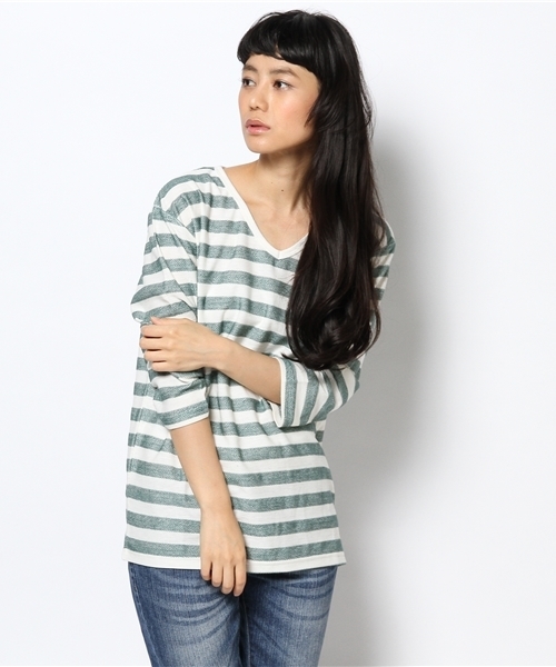 WEGO(ウィゴー)の「WEGO/ヘリンボーンボーダーTシャツ(Tシャツ/カットソー・メンズ・ダークグリーン/ブルー/マスタード/トリコロール・LARGE/MEDIUM)」の9枚目の写真