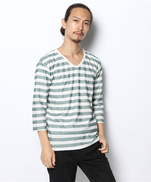 WEGO(ウィゴー)の「WEGO/ヘリンボーンボーダーTシャツ(Tシャツ/カットソー・メンズ・ダークグリーン/ブルー/マスタード/トリコロール・LARGE/MEDIUM)」の13枚目の写真