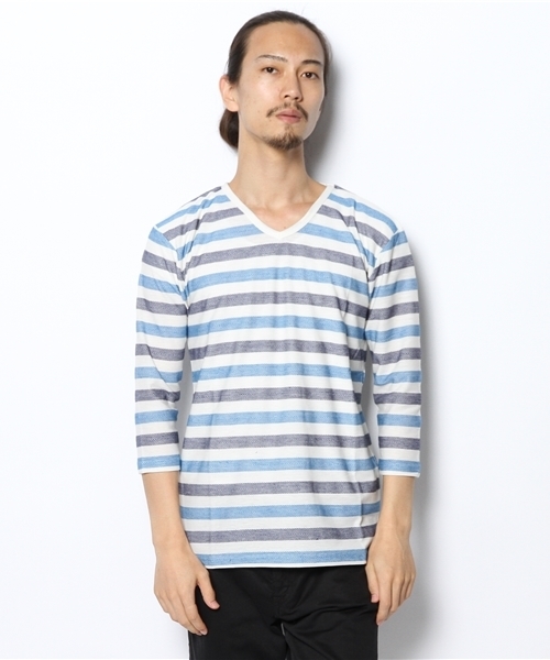 WEGO(ウィゴー)の「WEGO/ヘリンボーンボーダーTシャツ(Tシャツ/カットソー・メンズ・ダークグリーン/ブルー/マスタード/トリコロール・LARGE/MEDIUM)」の14枚目の写真