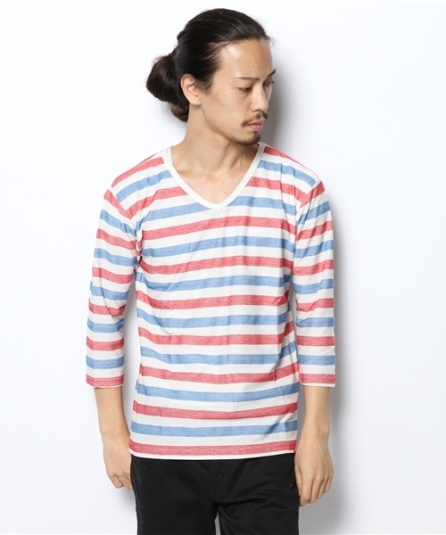 WEGO(ウィゴー)の「WEGO/ヘリンボーンボーダーTシャツ(Tシャツ/カットソー・メンズ・ダークグリーン/ブルー/マスタード/トリコロール・LARGE/MEDIUM)」の16枚目の写真