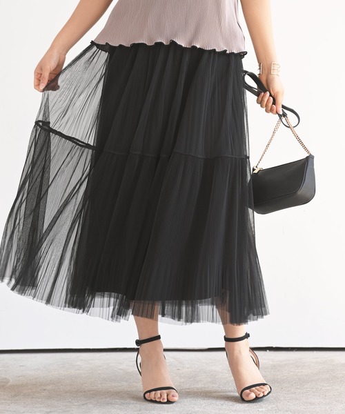 rps（アールピーエス）の「チュールプリーツ2段スカート（スカート・レディース・グレー/アイボリー/ミント/ブラック・M）」の2枚目の写真