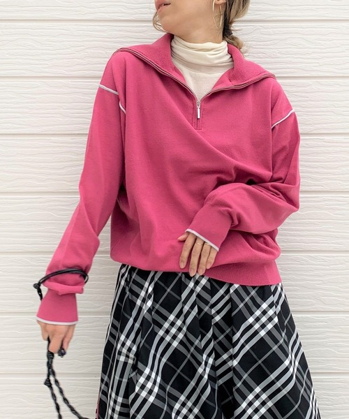 Q（キュー）の「ハーフジップニット（ニット/セーター・レディース・ライトグレー/ブラック/フューシャピンク・MEDIUM）」の3枚目の写真