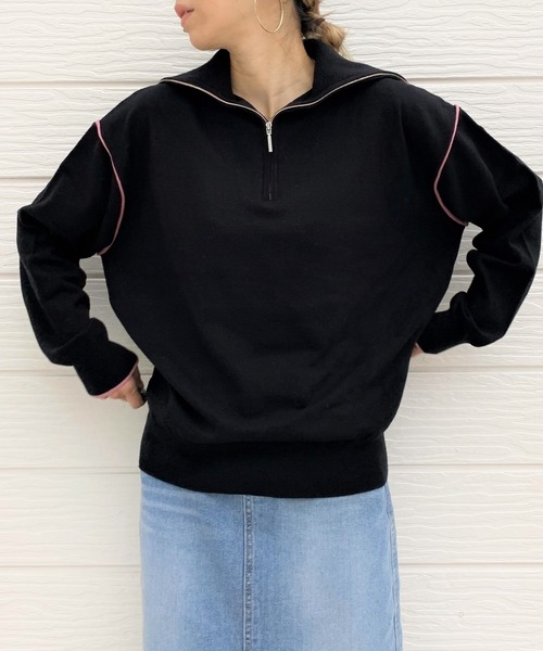 Q（キュー）の「ハーフジップニット（ニット/セーター・レディース・ライトグレー/ブラック/フューシャピンク・MEDIUM）」の2枚目の写真