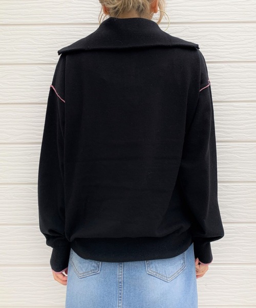 Q（キュー）の「ハーフジップニット（ニット/セーター・レディース・ライトグレー/ブラック/フューシャピンク・MEDIUM）」の6枚目の写真