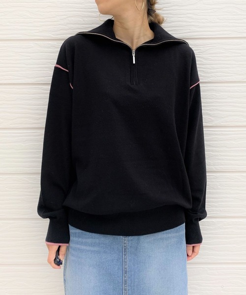 Q（キュー）の「ハーフジップニット（ニット/セーター・レディース・ライトグレー/ブラック/フューシャピンク・MEDIUM）」の4枚目の写真