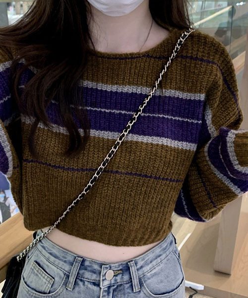 c.u.l(シーユーエル)の「マルチボーダークロップド丈ニット culw139(ニット/セーター・レディース・ブラウン・FREE)」の4枚目の写真