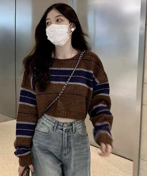 c.u.l(シーユーエル)の「マルチボーダークロップド丈ニット culw139(ニット/セーター・レディース・ブラウン・FREE)」の9枚目の写真