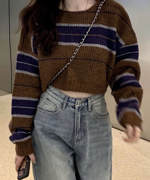 c.u.l(シーユーエル)の「マルチボーダークロップド丈ニット culw139(ニット/セーター・レディース・ブラウン・FREE)」の13枚目の写真