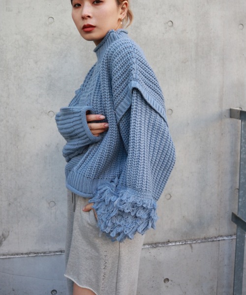 FIG&VIPER（フィグアンドバイパー）の「編地切替ショートニットTOP（ニット/セーター・レディース・ブラック/ブルー/アイボリー・FREE）」の3枚目の写真